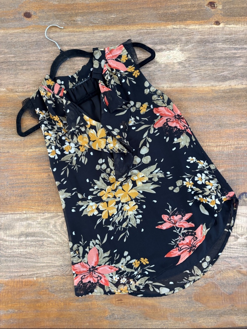 Tahari Black Floral sleeveless Tank with Yellow and Coral Accents XS